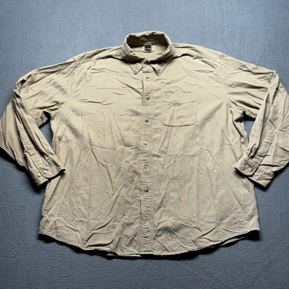 LL Bean Men XL Corduroy Button Down Shirt Tan Khaki Long Sleeve Fine Wale Cotton